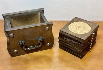 Unique Vintage Wooden Cork Coasters W/ Holder