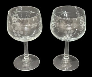 Unique Vintage Etched Glass Grape Vine Wine Glasses - Set Of 2