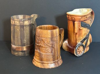 Lot Of Unique Wood, Hawaii, And Saddle Beer Mugs - Set Of 3