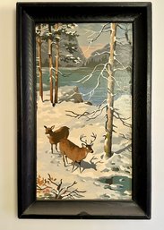 Beautiful Framed Snow Mountain Scenery W/ Deer Painting