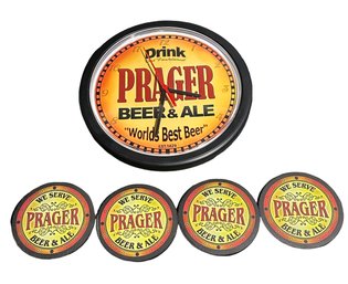 Prager Beer Wall Clock And Four Prager Coasters