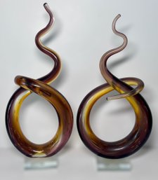Abstract Swirl Art Glass Sculptures - Set Of 2