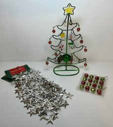 Vintage Metal Christmas Tree Tea Candle Holder W/ Brand New Mini Ornaments And Star Garland