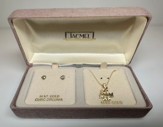 14K Gold Necklace & Earrings W/ Cubic Zirconia