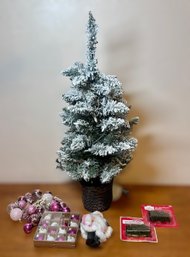 Faux Snow Mini Christmas Tree W/ Lights And Christmas Assortment Of Pink Ornaments