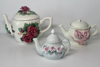 Beautiful 3 Dimensional Floral Teapots - Set Of 3