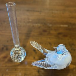 Beautiful White And Clear Bird Glass Figurine And Bubble Glass Mini Vase