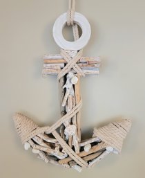 Beautiful Hand Crafted Coastal Wooden Anchor With Seashells And Notical Rope