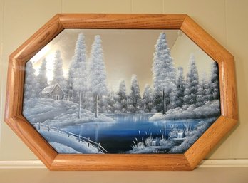 Original Clemmons Winter Lakeside Cabin In The Woods Painting  On Glass