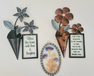 Decorative Wall Flowers. Real Preserved Flowers In Glass And 2 Decorative Metal Flowers With Poems