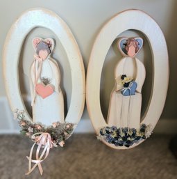 Unique Wooden Bridal Figures With Beautifully Preserved Floral Beds.  Lot Of 2