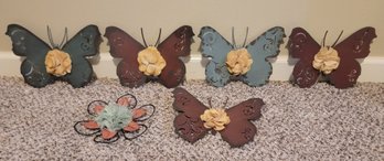 Rustic Metal Butterflies And Flower With Burlap Embellishments . Lot Of  6