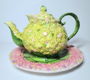 Gorgeous Vintage Hydrangea  Tea Pot And Platter