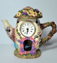 Gorgeous Floral Cottage Clock Teapot With Moving Bird Hand