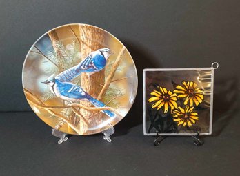 Beautiful Bluejay Bird Plate And Sunflower Glass
