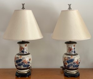Pair Asian Style Lamps On Wood Base With Cloth Shade