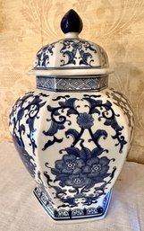 Smaller Lidded Urn Blue And White Flower And Asian Motif