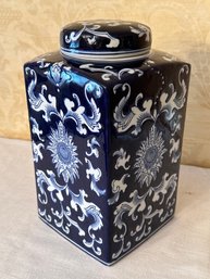 Porcelain Asian-themed Storage Vessel With Blue & White Coloring