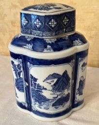 Porcelain Asian-themed Storage Vessel With Blue & White Coloring