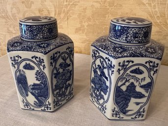 Pair Of Asian Blue And White Lidded Ceramic Jars