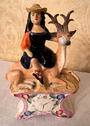 Lovely Woman On Stag Atop Clock Figurine
