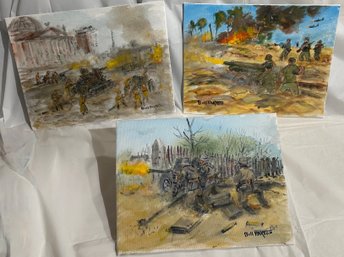 Three Acrylic Paintings By Bill Paxton Depicting Military Engagements In The South Pacific, Berlin, And France