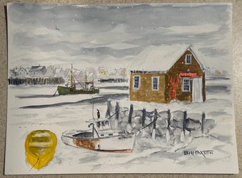 Signed Watercolor Of Cape Porpoise, Maine In The Winter By Bill Paxton