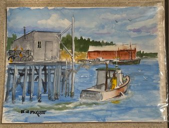 Signed Watercolor Of Fisherman In Cape Porpoise, Maine By Bill Paxton