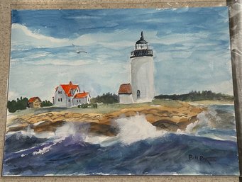 Signed Watercolor Of Goat Island Light House Circa 1990, By Maine Artist Bill Paxton