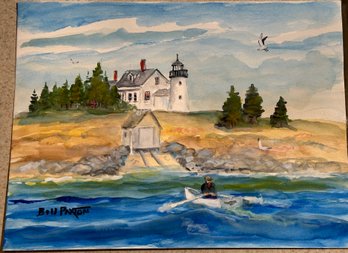 Signed Watercolor Of Pumpkin Island Lighthouse, Maine By Bill Paxton