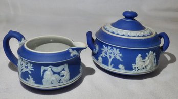 Wedgwood Blue Creamer And Sugar With White Appliques