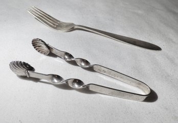 Sterling Silver Sugar Tongs And Accent Fork