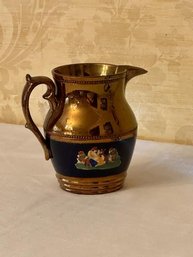 Antique Copper Lustre Pitcher With Relief Moulded Girl And Her Dog