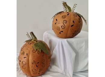 Pair Decorative Metal Pumpkins With Candleholders