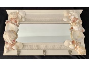 Painted Framed White Mirror With Seashell Decorations.