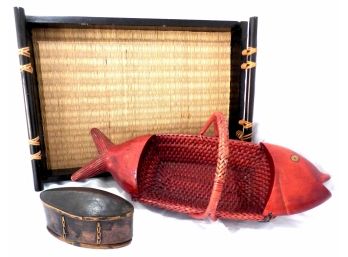 3-Piece Lot -Wooden Box, Tray And Fish Basket