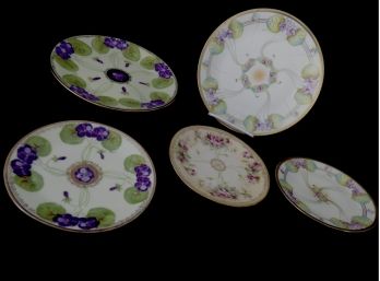 5 Piece Set Hand Painted  Prussian Plates In Violet  & Rose Motifs