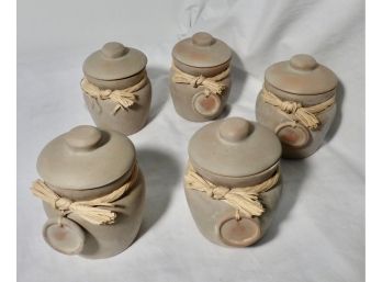 Set Of 5 Lidded  Petite Clay Canisters