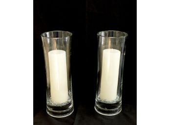 Pair Tall Heavy Cylindrical Glass Vases With Candles