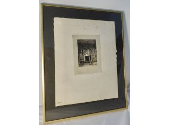 Signed Antique Etching Of Castle-like Room