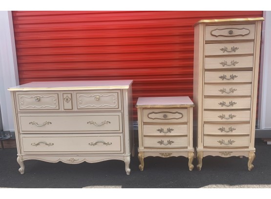 Vintage 3 Piece Bedroom Set, Dresser, Night Stand , Tall Lingerie Chest Of Drawers