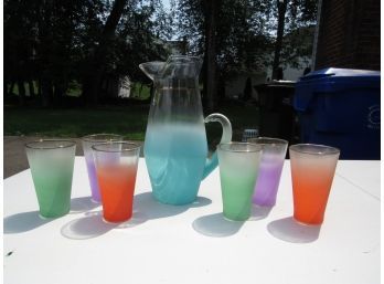 Multi Color Glass Pitcher And Glasses Set Of  7