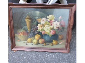 Fruit And Flower Picture 22' X 17' Wooden Frame Signed By