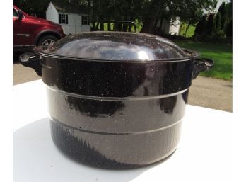 Vintage Black Enamel Speckled Canning/Lobster/Clam Stock Pot W Lid 9.5 X 16'
