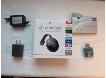 Group Of 5 Chomecast Tv Streaming Device By Google , USB Reader, Travel Flash, USB Power Adapter