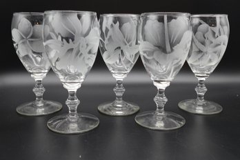 Vintage Etched Flower Wine Glasses Libbey Set Of 5