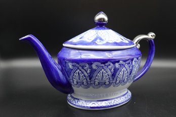 Vintage Cobalt Blue And Silver Teapot