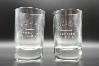 Set Of 2 Bulleit Frontier Whiskey 4 Oz Glasses, Raised Lettering & Measure Marks