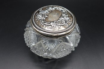 Antique Cut Glass & Sterling Vanity Or Powder Jar