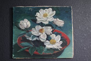 Vintage Mongolian-Inspired Floral Oil Painting Unframed White Blossoms Art